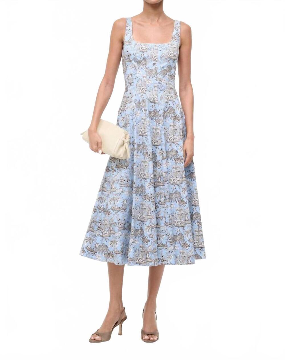 NEW STAUD wells corset-style panel dress in sky toile